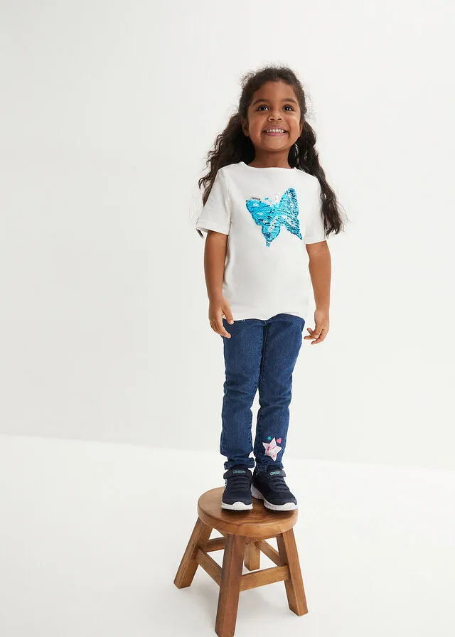 Camiseta de algodón orgánico para niñas (2 unidades) Blanco lana/celeste